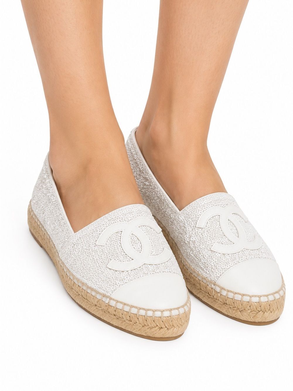CHANEL White Woven Interlocking CC Logo Sequin Flat Espadrilles Size EU37
